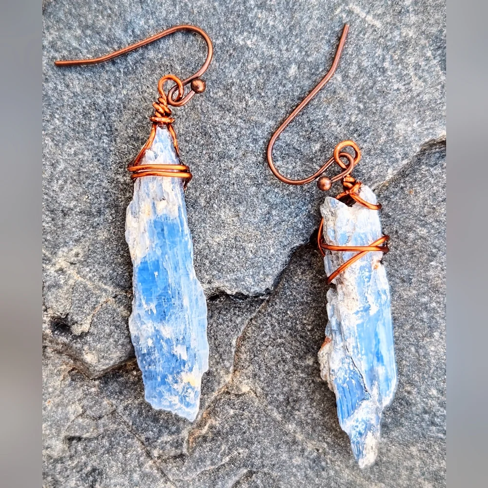 Natural Raw Blue Kyanite Blades Wrapped In Copper In Neolithic Style Earrings